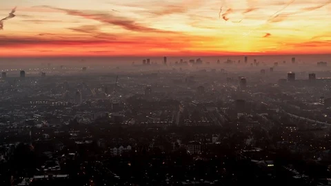 Aerial View of London, East London, Stratford, Hackney, Poplar, Bow, sunrise, UK Stock Footage