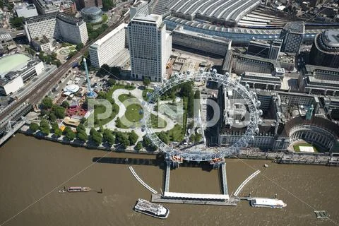 Aerial view of the London Eye and River Thames, London, England, United Kingdom, Stock Photos