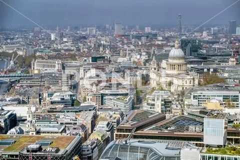 An aerial view of London, United Kingdom on a sunny day. Stock Photos