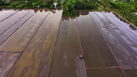 Aerial View Of Lone Tractor Plowing Empty Muddy Fields Stock Footage 340488841