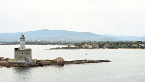 Aerial view of a lonely lighthouse on an islet, olbia Stockbeeldmateriaal 105791963