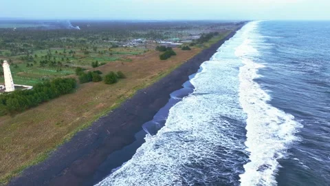 Aerial view of long beach and surf Stock Footage 335440379