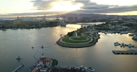 Aerial View of Long Beach Harbor with Light House Stock Footage 77702567