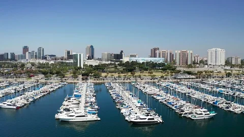 Aerial view of Long Beach harbor, downtown with convention center in California Stock Footage 119746466