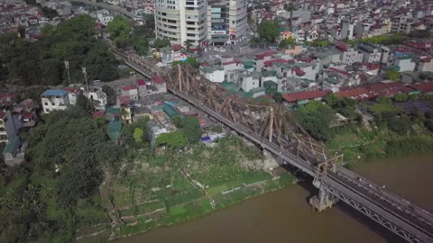Aerial view of long bien bridge and red river in hanoi vietnam Stock Footage 329501476