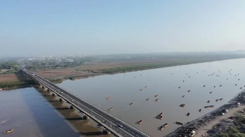 Aerial view of long bridge over Tapi River water landscape in Surat Gujarat Stock Footage 332670614