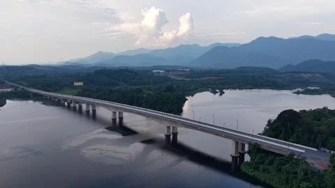 Aerial view of long concrete bridge crossing calm river with green forest 库存影片 339829152
