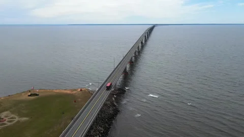 Aerial View Of Long Confederation Bridge With Traffic, PEI Stock Footage 339362481