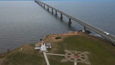 Aerial View Of Long Confederation Bridge With Traffic, PEI Stock Footage 339363553