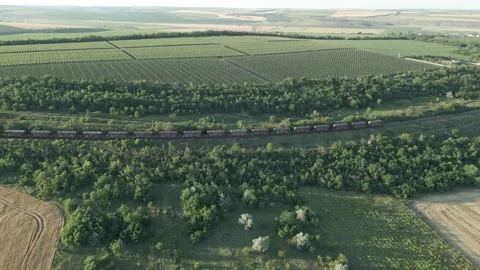Aerial view of long freight train crossing orchards and farmland Stock Footage 341768040