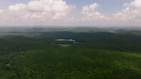 Aerial view of long road cutting through dense forest in Peekskill New York Vídeo Stock 316035341