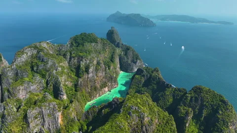 Aerial view long sandy beach on Phi Phi island, Thailand Stock Footage 295361093
