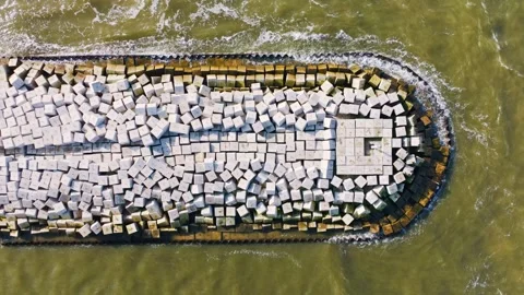 Aerial View Long Stone Breakwater Floating In Sea Texture Baltic Coast, Liepaja Stock Footage 334332667