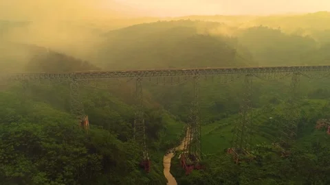 Aerial View of the Longest Active Train Bridge of Cikubang Railway Bridge Stock-Footage 132169748