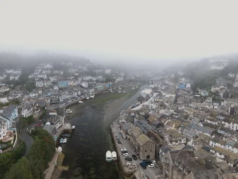 Aerial view of Looe Harbor in Cornwall on a misty day 스톡 사진