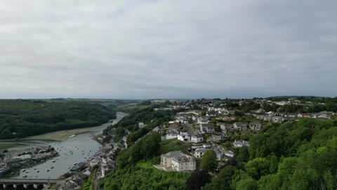 Aerial View of Looe River and Beach Town of England UK Stock Footage 313367842