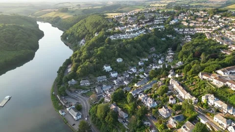 Aerial View of Looe River and Beach Town of England UK Stock Footage 313368502