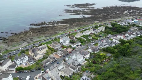 Aerial View of Looe River and Beach Town of England UK Stock Footage 313369028