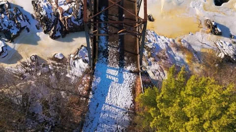 Aerial view look down of old steel bridge Stock Footage 304805869