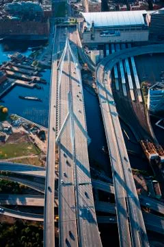 AERIAL VIEW looking directly down on Leonard P. Zakim Bunker Hill Memorial Stock Photos