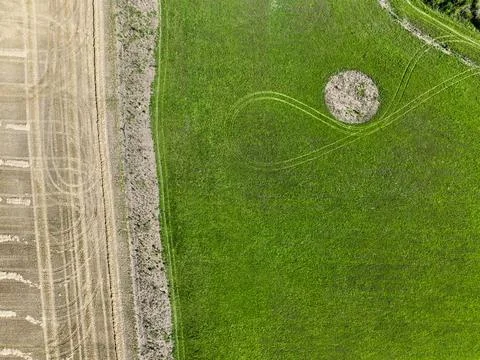 Aerial view looking directly down on a arable field 스톡 사진