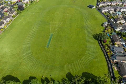 Aerial view looking directly down onto a grass sports field in Penrith Cumb.. Stock Photos