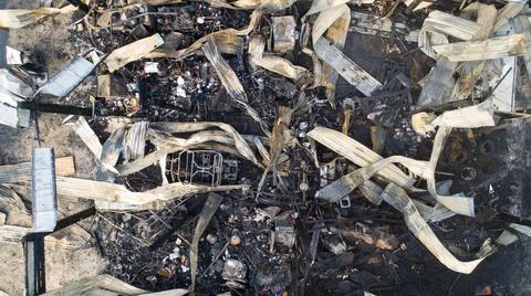 Aerial view looking down of a burned building Stock Photos