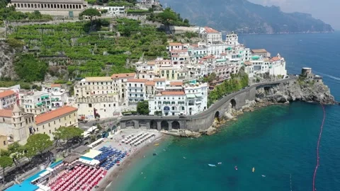 Aerial View Looking Down at the City of Amalfi, Italy Stock Footage 137430448