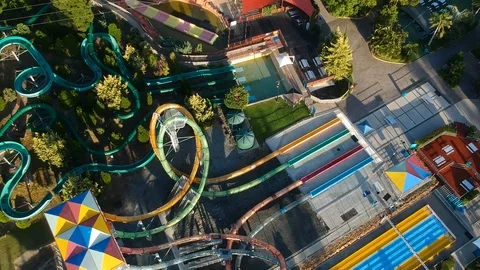 A aerial view looking down on a deserted water amusement park closed due Stock Footage 127549021