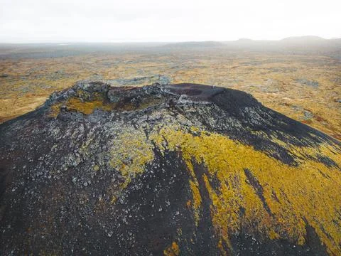 Aerial view, looking down inside Saxholl Crater, Iceland Stock Photos