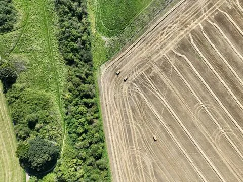 Aerial view looking down on the patterns of fields and hedges Stock Photos