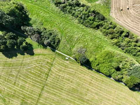 Aerial view looking down on the patterns of fields and hedges Stock Photos