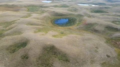 Aerial view looking down onto a prairie grassland that is being used to graze  Stock Footage 275409343