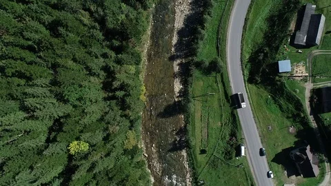 Aerial View Looking Down At Road With A River Stock Footage 101491758
