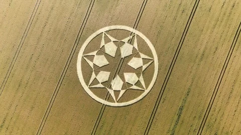 Aerial view looking down rotation over Marten golden wheat crop circle 스톡 동영상 282698505