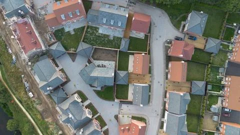 Aerial view looking down on some new build houses Stock Photos