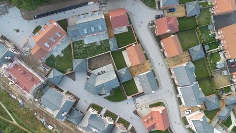 Aerial view looking down on some new build houses 스톡 사진