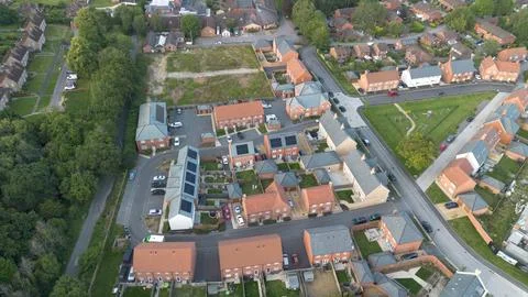 Aerial view looking down on some new build houses Stock Photos