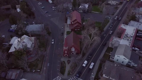 Aerial view looking down on St. James Episcopal Church in Sonora, CA Stock Footage 113686702