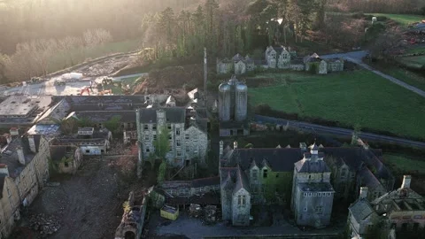 Aerial view looking over Denbigh asylum abandoned Welsh Victorian hospital Vidéo 331623988