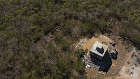 Aerial view looking straight down onto Dzibilchaltun Mayan ruins. Stock Footage 104094102