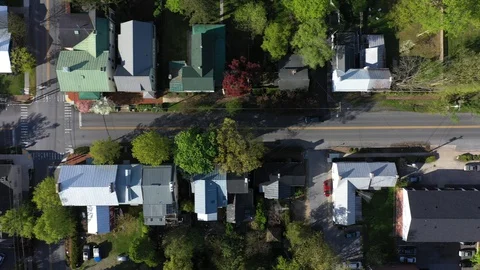 Aerial view looking straight down on the small town of Shepherdstown, WV. Video stock 129643459