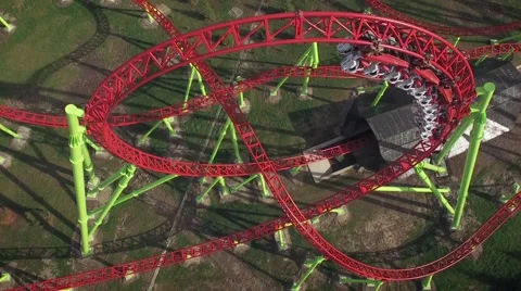 Aerial View of Loop on Roller Coaster in Amusement Park Stock Footage 63095946