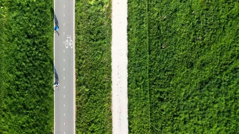 Aerial view looped video of cyclists on a road separated by a path, surroun.. Stock Footage 308310853