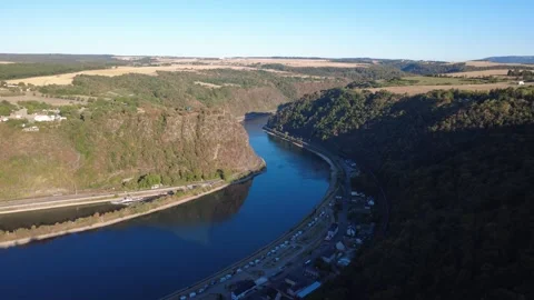 Aerial View of Loreley Rock Cliff and Rhine Valley in Summer Stock Footage 342134265