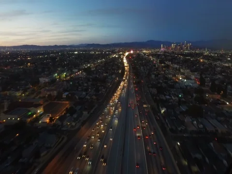 Aerial view of Los Angeles Freeway at dusk. California. Stock Footage