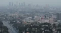 Aerial View of Los Angeles Skyline Bird Eye View on Hollywood Hill in Foggy Day HD Footage