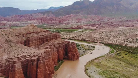 Aerial View Of Los Castillos Colored Rocks In Las Conchas River Valley Argentina Stock Footage 191764997