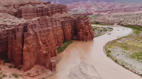 Aerial View Of Los Castillos Red Rocks In Las Conchas River Valley, Argentina Stock Footage 191765982