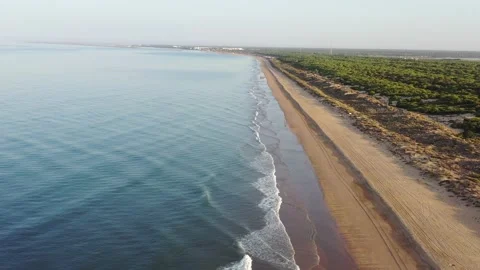 Aerial view of Los Enebrales beach, in Punta Umbria Stock Footage 200212975